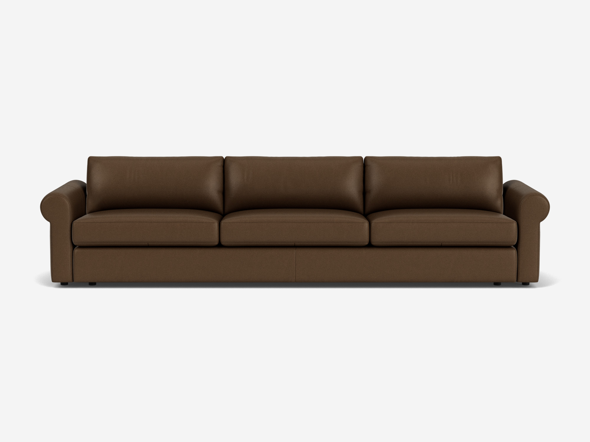 Front view of brown leather 3-seat sofa with roll arms